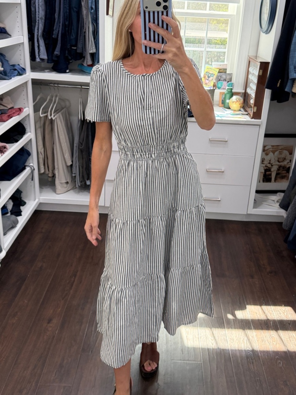 Amazon Gray & White Striped Tiered Midi Dress S